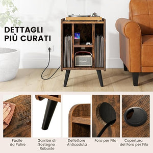 Supporto per Giradischi, Porta Vinili con 4 Ripiani Aperti, Presa di Corrente e Porta USB, con Mensole Espositive, per Soggiorno, Camera da Letto e Ufficio, 43 x 34,5 x 67,5 cm (Marrone)