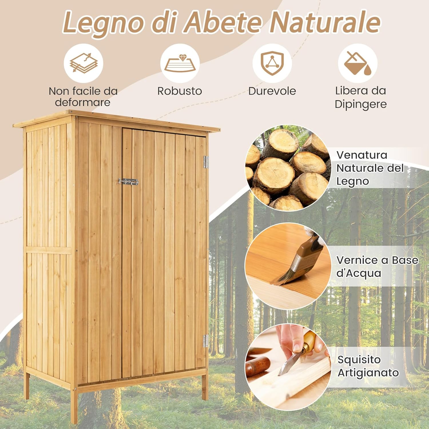 Armadio da Esterno, Casetta Porta Attrezzi da Giardino in Legno con Tetto in Asfalto, 3 Ripiani, Porta con Serratura e 5 Ganci, Ripostiglio per Balcone, Patio e Giardino, 91 × 66 × 150 cm