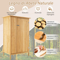 Armadio da Esterno, Casetta Porta Attrezzi da Giardino in Legno con Tetto in Asfalto, 3 Ripiani, Porta con Serratura e 5 Ganci, Ripostiglio per Balcone, Patio e Giardino, 91 × 66 × 150 cm