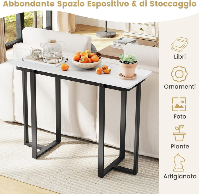 Tavolo Consolle, Tavolo d'Ingresso Moderno in Marmo Finto con Telaio Geometrico in Metallo, Tavolo Stretto per Soggiorno, Corridoio e Ingresso, 107 x 40 x 79,5 cm (Nero e bianco)