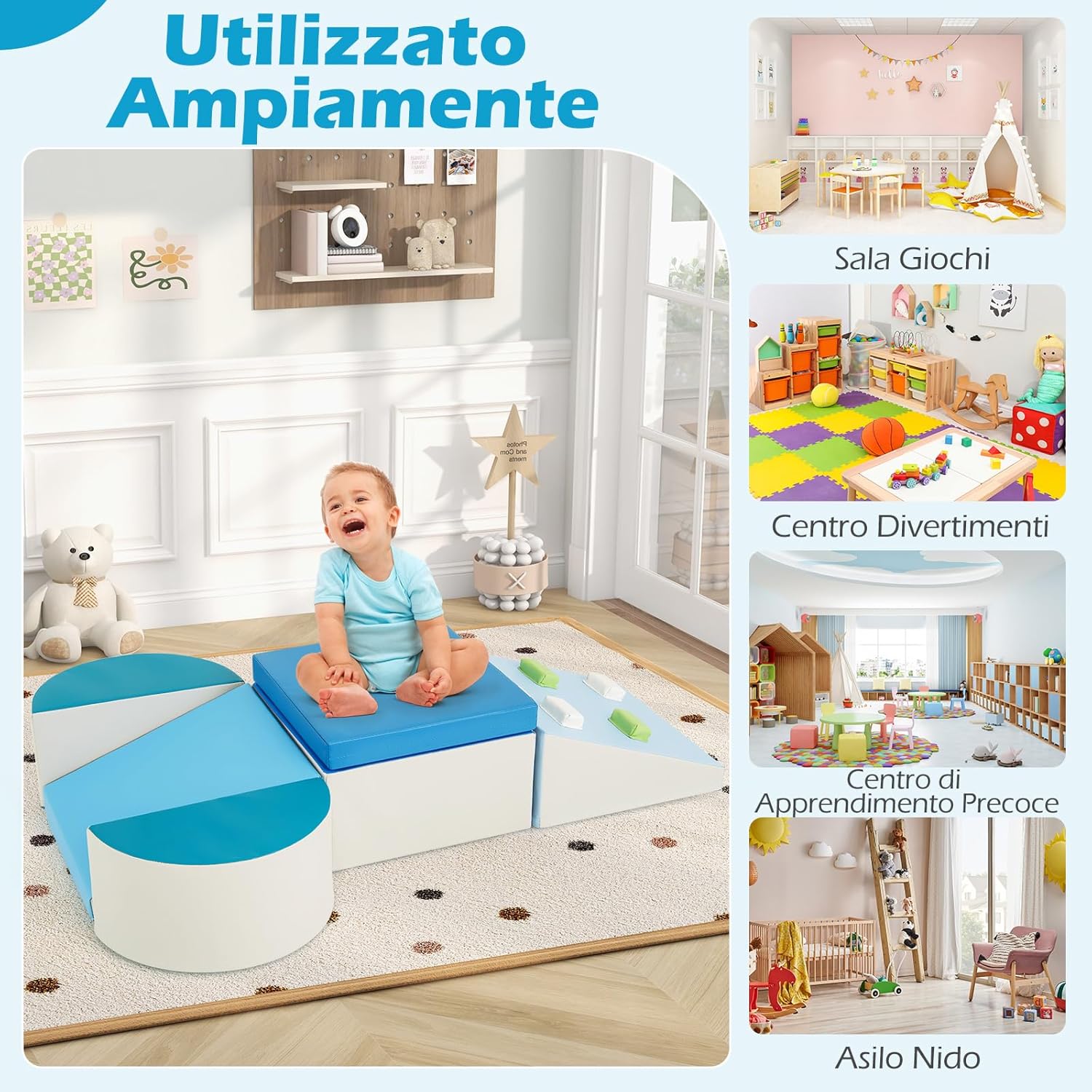 Set di 6 Blocchi di Schiuma per Arrampicata per Bambini, Blocchi in Schiuma per Arrampicarsi e Strisciare, Costruzione Mattoncini Morbidi per Bambini 12+ Mesi (Blu)