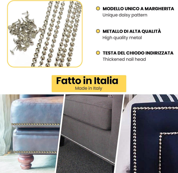 Lista Tappezzeria 1m + 20 Chiodi | Restauro Mobili Divano Sedia Poltrona | Nickel Satinato