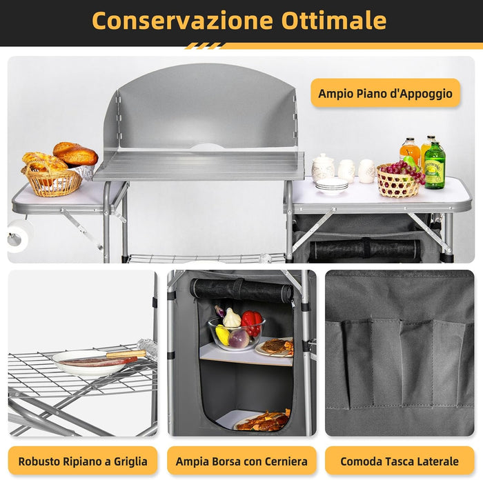 Tavolo da Campeggio all'Aperto con Portaoggetti, Borsa di Stoccaggio per il Trasporto, Tavolo da Griglia Pieghevole e Portatile per Feste BBQ, Campeggio, Grigio