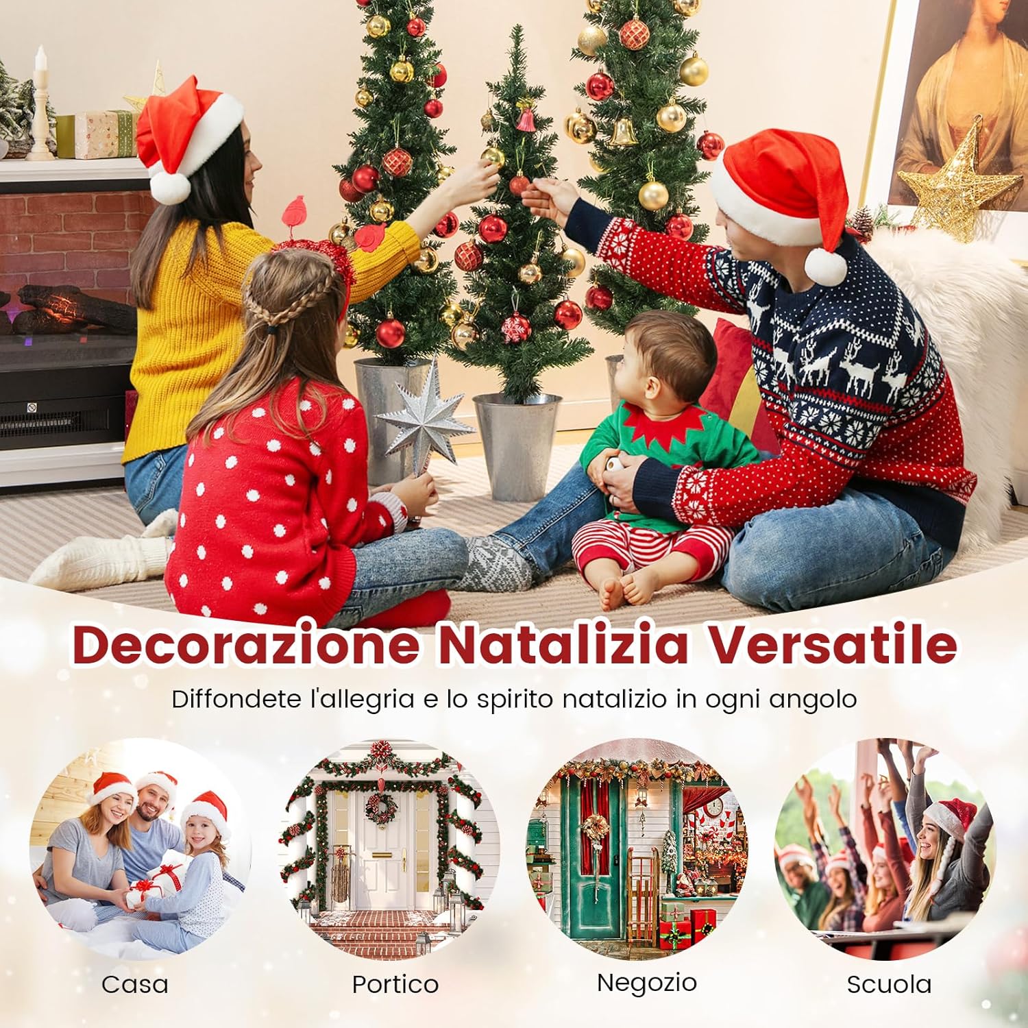 Set di 3 Alberi di Natale Artificiali da 90 CM + 120 CM + 150 CM, Alberi di Natale Slim con 120 + 140 + 160 Punte di Ramo e Basi in Metallo Riempite di Cemento, Decorazione Natalizia Interna