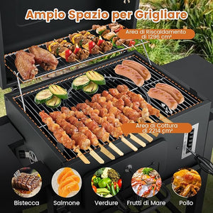 Barbecue a Carbone da Esterno con Ruote, Barbecue a Carbone Portatile con 2 Tavolini Pieghevoli, Vassoio del Carbone Regolabile a 6 Livelli e Ripiano di Stoccaggio, per Campeggio, Picnic