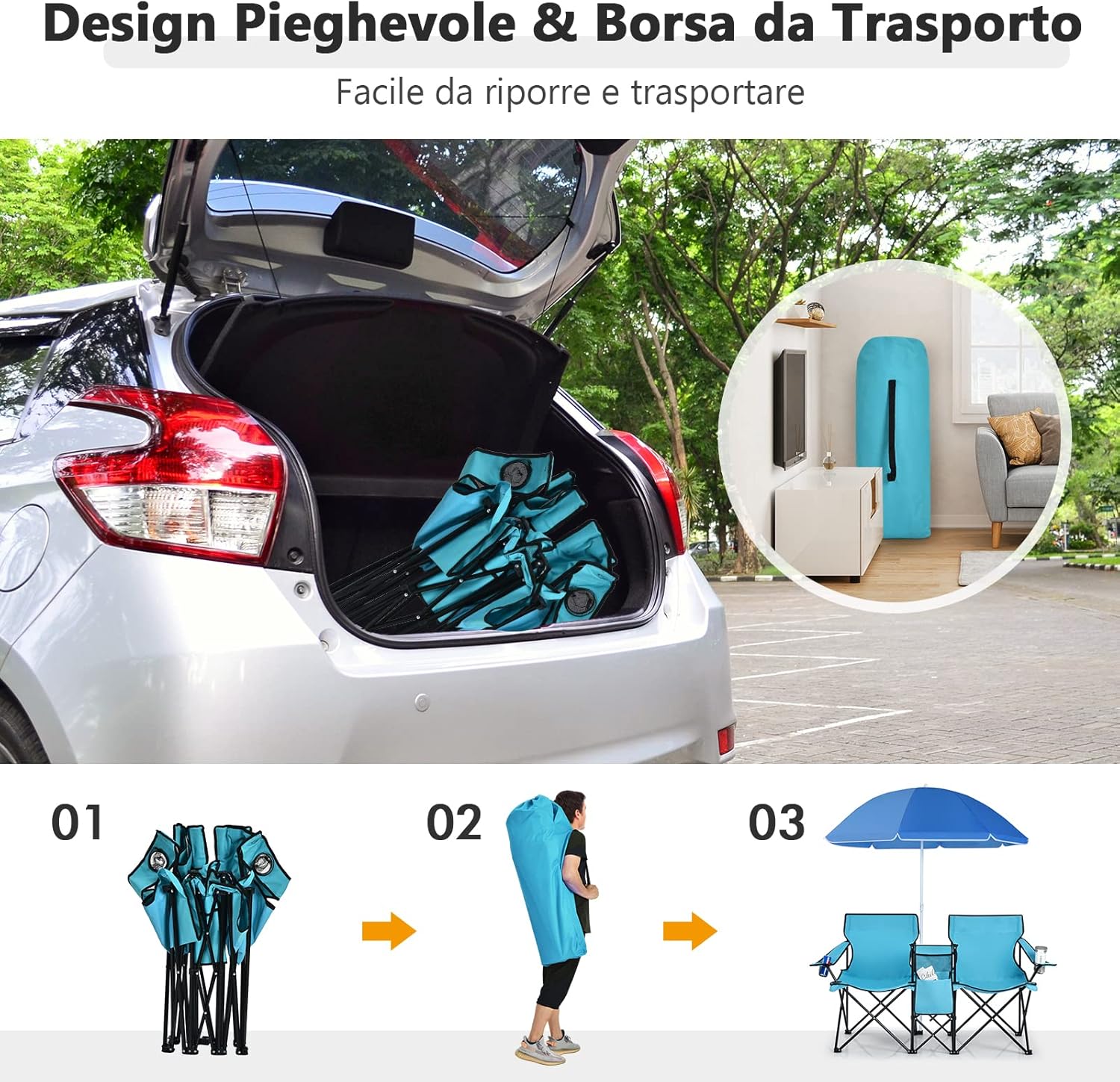Set di 2 Sedie da Campeggio Pieghevoli, con Ombrellone e Tavolino Contenitore, Resistente e Leggero, Capacità 113 kg (blu)