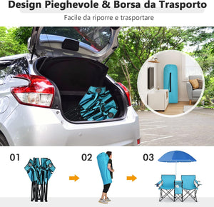 Set di 2 Sedie da Campeggio Pieghevoli, con Ombrellone e Tavolino Contenitore, Resistente e Leggero, Capacità 113 kg (blu)