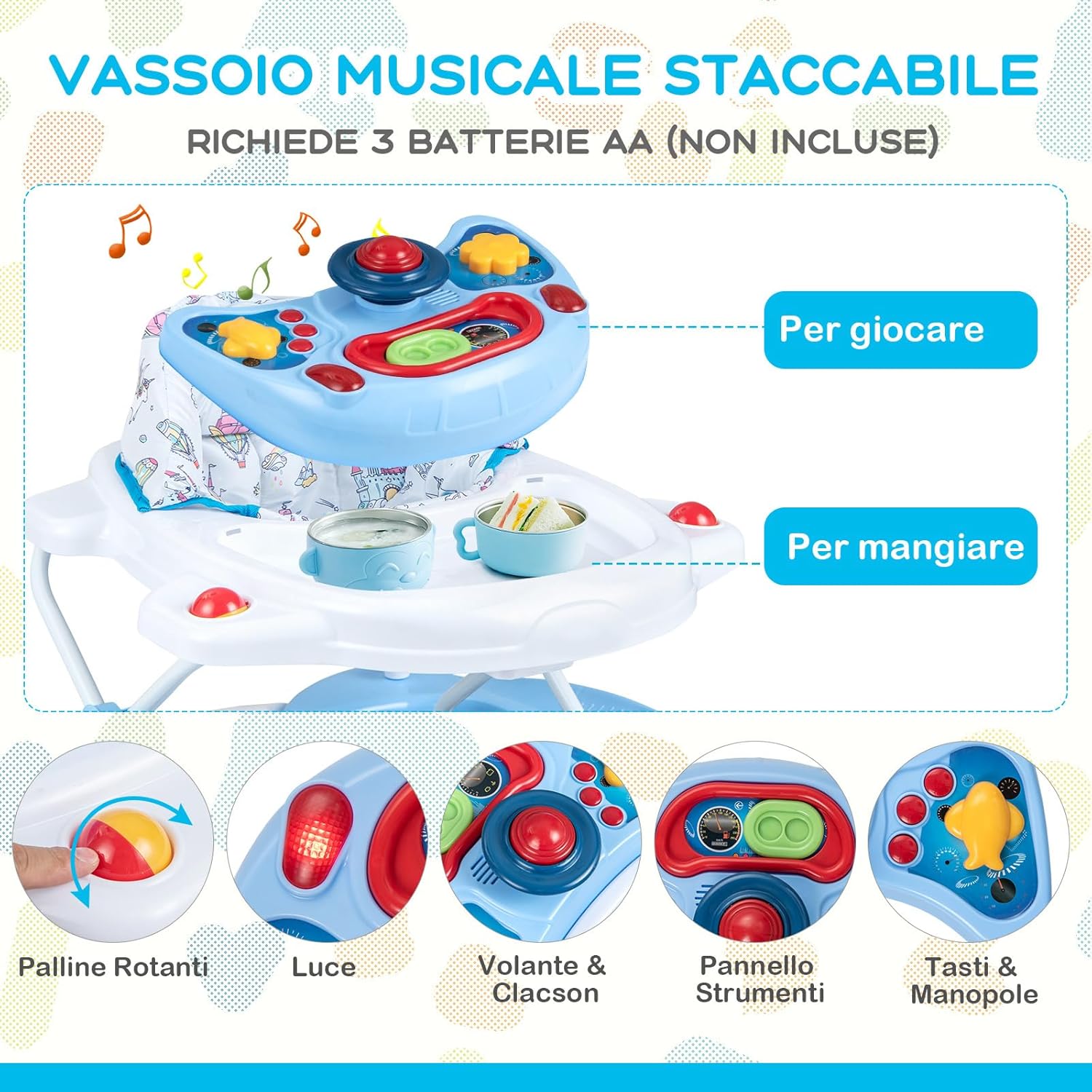 Girello per Bambini 6 in 1, Primi Passi per Neonati con Altezza Regolabile, Sedia a Dondolo per Bambini, Girello Pieghevole con Vassoio Musicale, Cuscino, per Bambini 6+ Mesi (Blu)