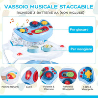 Girello per Bambini 6 in 1, Primi Passi per Neonati con Altezza Regolabile, Sedia a Dondolo per Bambini, Girello Pieghevole con Vassoio Musicale, Cuscino, per Bambini 6+ Mesi (Blu)