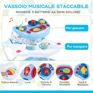 Girello per Bambini 6 in 1, Primi Passi per Neonati con Altezza Regolabile, Sedia a Dondolo per Bambini, Girello Pieghevole con Vassoio Musicale, Cuscino, per Bambini 6+ Mesi (Blu)