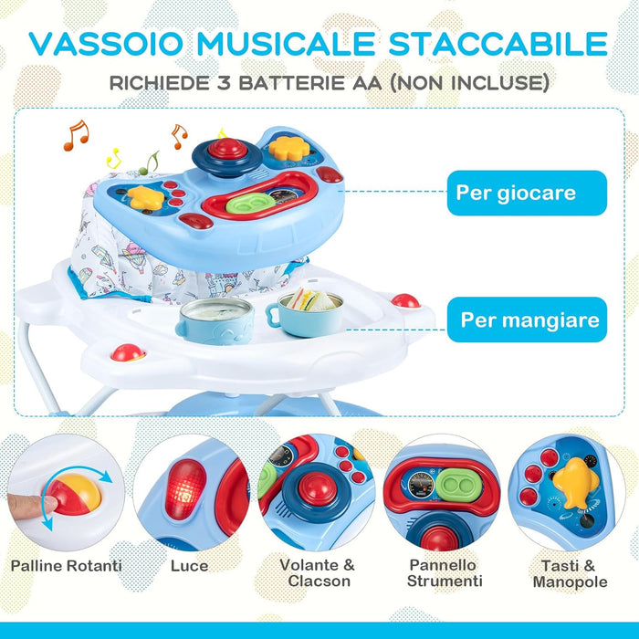 Girello per Bambini 6 in 1, Primi Passi per Neonati con Altezza Regolabile, Sedia a Dondolo per Bambini, Girello Pieghevole con Vassoio Musicale, Cuscino, per Bambini 6+ Mesi (Blu)