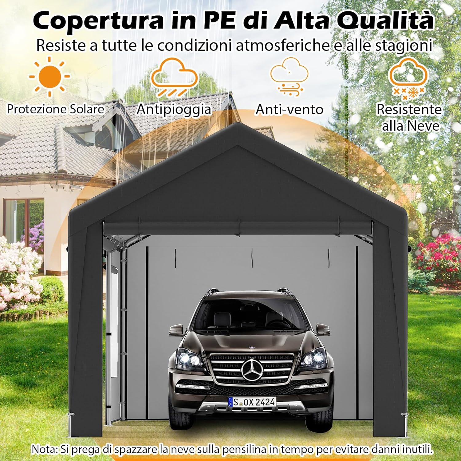 Tenda Garage per Auto Impermeabile, Cappanone Posto Auto con 4 Porte e 4 Finestre a Rete Arrotolabile, Tendone Multiuso a Pareti Laterali Rimovibile per Feste ed Eventi, 595 x 300 x 280 cm