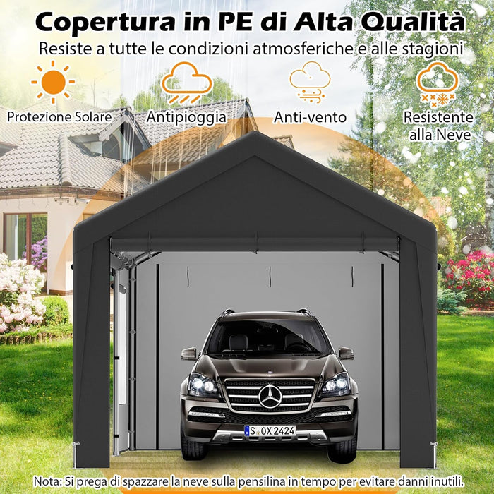 Tenda Garage per Auto Impermeabile, Cappanone Posto Auto con 4 Porte e 4 Finestre a Rete Arrotolabile, Tendone Multiuso a Pareti Laterali Rimovibile per Feste ed Eventi, 595 x 300 x 280 cm