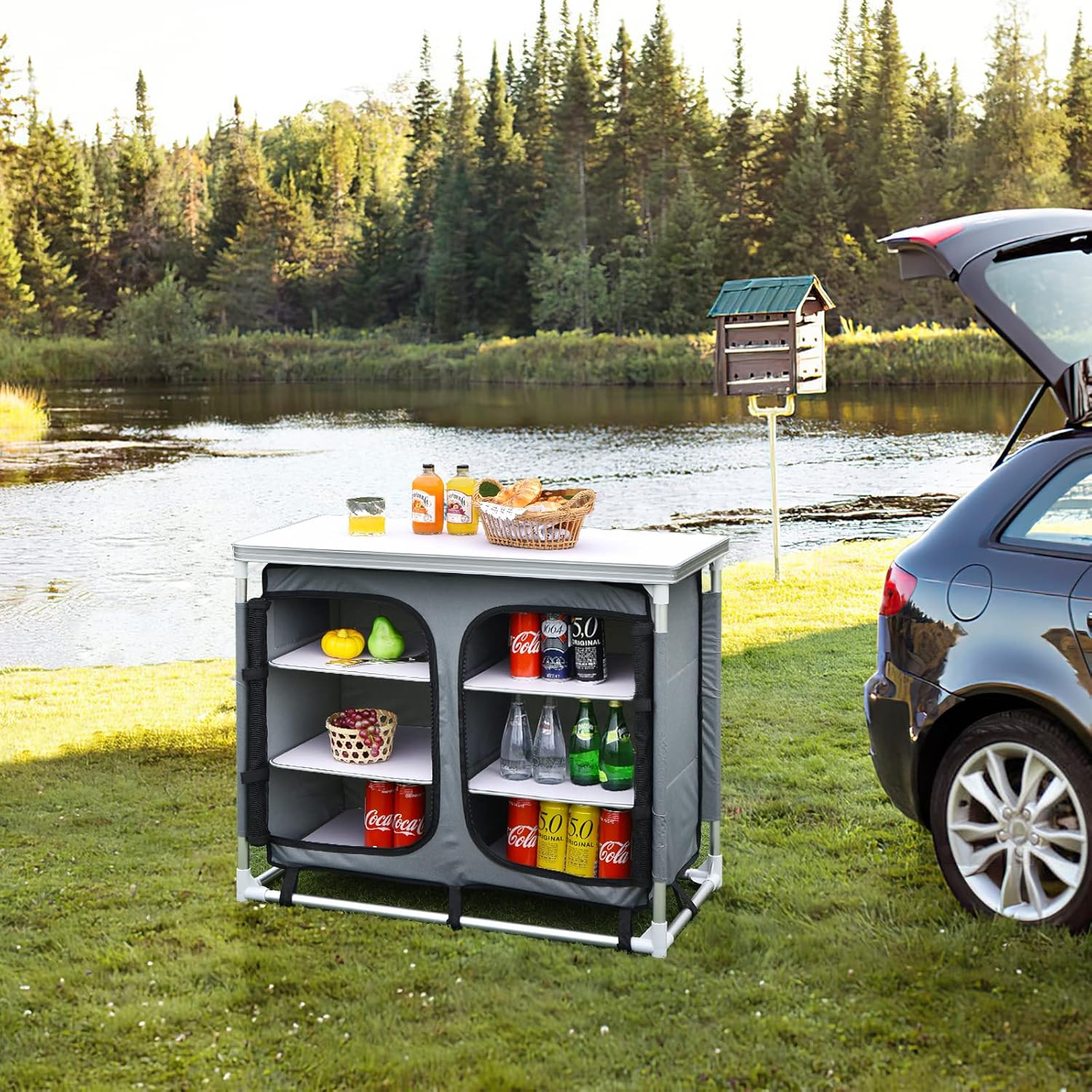 Cucina Portatile Cucina per Esterno Tavolo da Campeggio Pieghevole, Tavolo per Griglia in Alluminio, con Contenitori, per Festa Griglia e Campeggio (Grigio)