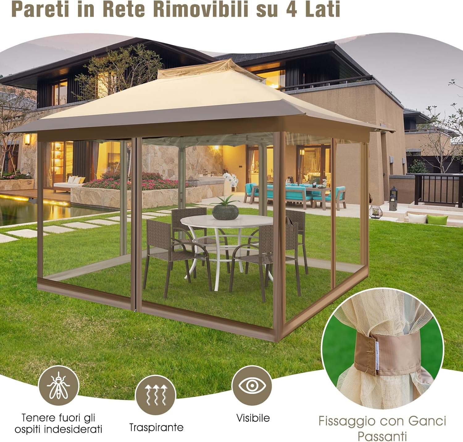 Gazebo Pieghevole da Giardino 3,6 x 3,6m, Gazebo Pop-up con Borsa da Trasporto con Ruote, Regolabile in Altezza, per Feste, Barbecue, Giardino e Spiaggia (Con Rete)