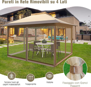 Gazebo Pieghevole da Giardino 3,6 x 3,6m, Gazebo Pop-up con Borsa da Trasporto con Ruote, Regolabile in Altezza, per Feste, Barbecue, Giardino e Spiaggia (Con Rete)