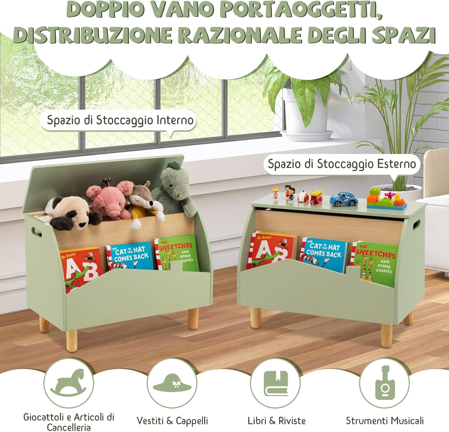 Scaffale dei Giocattoli per Bambini in Legno, Libreria per Bambini con Ripiano Espositivo e Contenitore con Coperchio Apribile, Ideale per Cameretta e Nido, 60 x 30 x 44 cm (Verde)