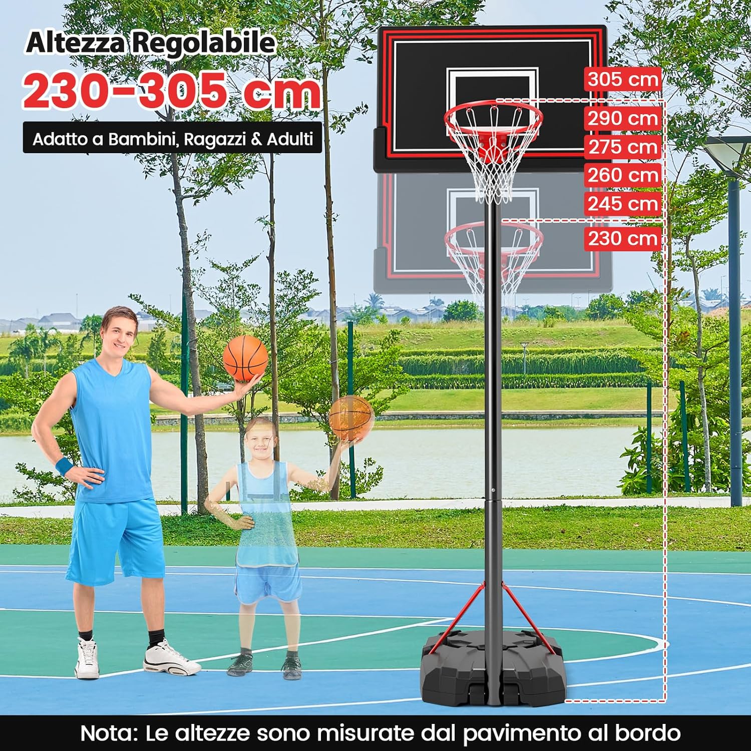 Canestro da Basket da Esterno Regolabile in Altezza 230-305 cm con Tabellone Resistenza agli Urti da 110 cm, Ruote e Base Riempibile, Canestro da Basket Portatile per Adulti e Ragazzi