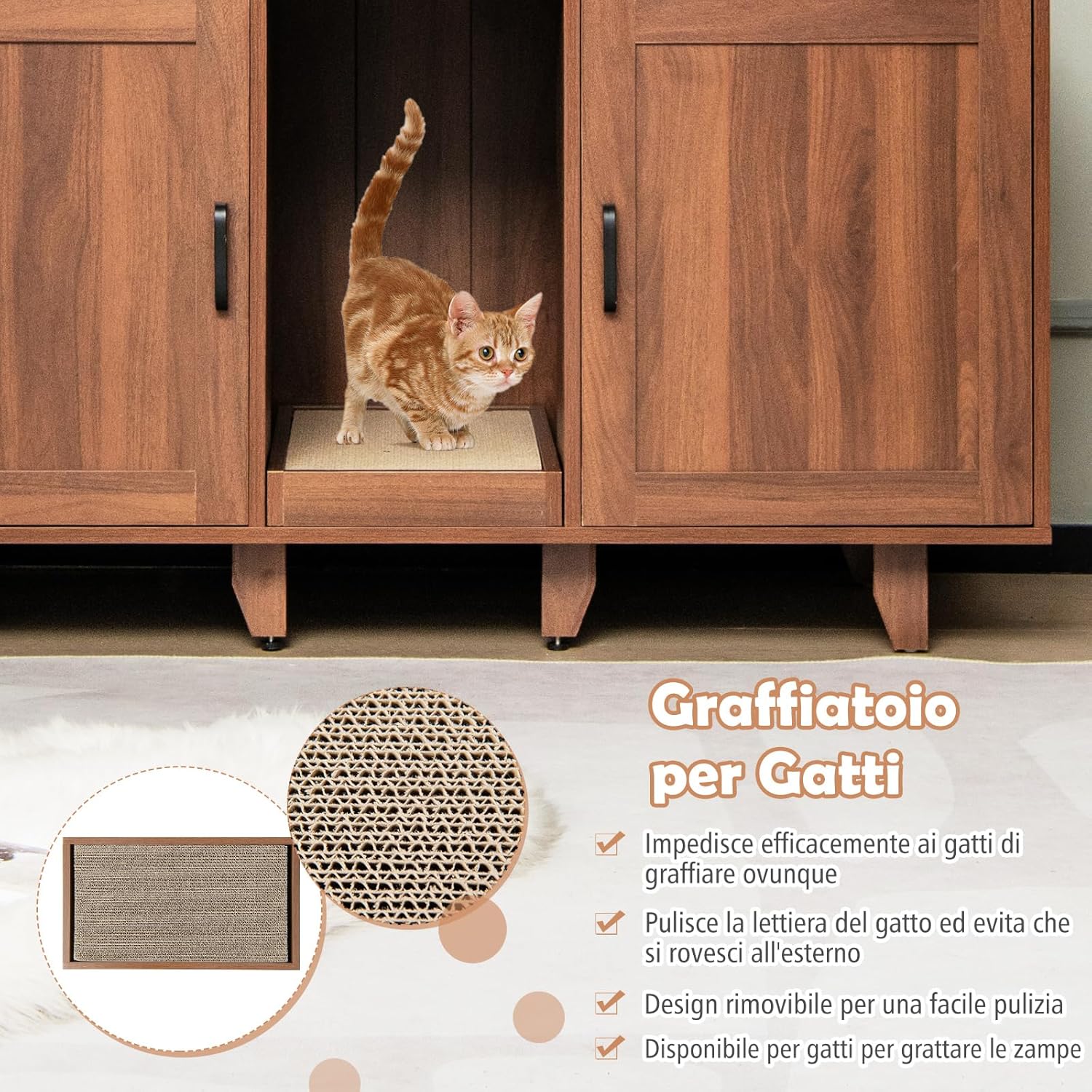 Mobile per Lettiera per Gatti 120 x 52 x 65 cm, Casetta per Gatti con 2 Ante, Fori, Tiragraffi e Gambe Staccabili, Mobile Versatile e Moderno per Salotto (Marrone)