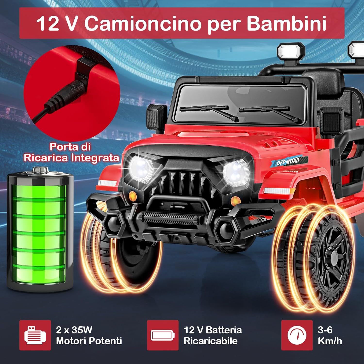 12V Macchina Elettrica per Bambini, Auto per Bambini con Telecomando Porta USB Musica e Luci, Avvio lento, Velocità Regolabile 1-5 km/h, per Bambini 3 Anni+ (Rosso)