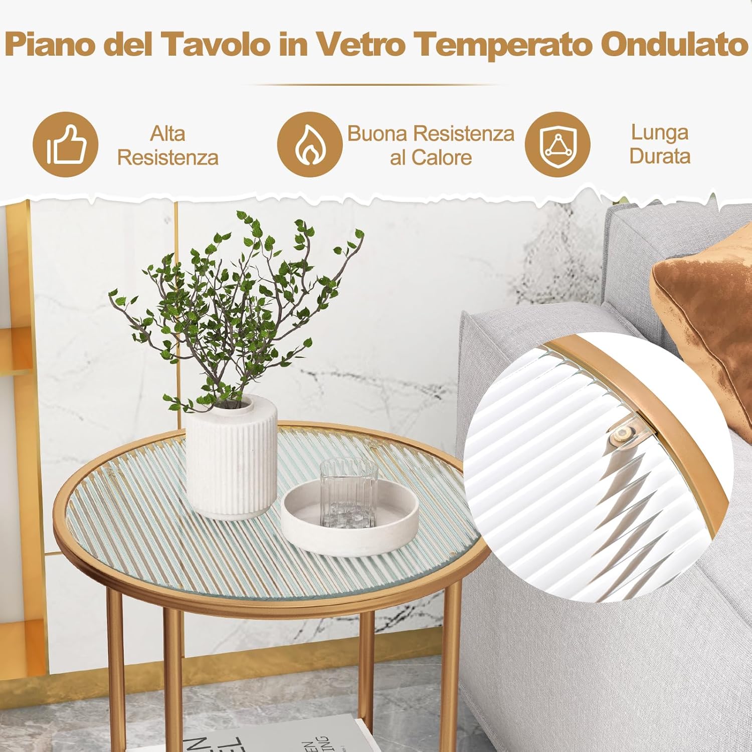 Tavolini da Salotto in Vetro, Tavolino Rotondo a 2 Piani da 50 cm con Ripiano Effetto Marmo, Tavolino da Caffè con Cornice in Metallo Dorato, per Soggiorno, Camera da Letto