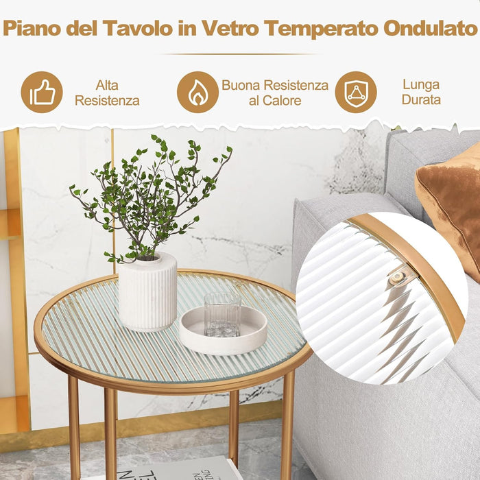 Tavolini da Salotto in Vetro, Tavolino Rotondo a 2 Piani da 50 cm con Ripiano Effetto Marmo, Tavolino da Caffè con Cornice in Metallo Dorato, per Soggiorno, Camera da Letto