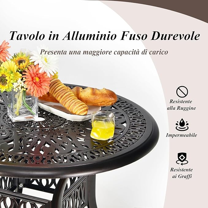 Tavolo da Pranzo Giaridno 91 cm, Tavolo da Bistro con Foro per Ombrellone da 5 cm, Tavolino Rotondo per Giardino Balcone Terazza, Portata 75 kg