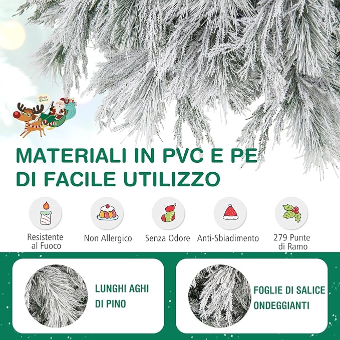 Albero di Natale Innevato 146/180 CM, Albero di Natale ArtificialePre-Luminoso con Cerniera e 150/250 Luci LED Bianche Calde, 279/519 Punte di Ramo, Ago di Pino (146 CM)