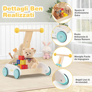 Girello in Legno per Bmabini, Passeggino Regolabile in Altezza con Centro Attività, Carello Primi Passi con Xilofono, Blocchi Scorrevoli e Perline Mobili, per Bambini 1+ Anni