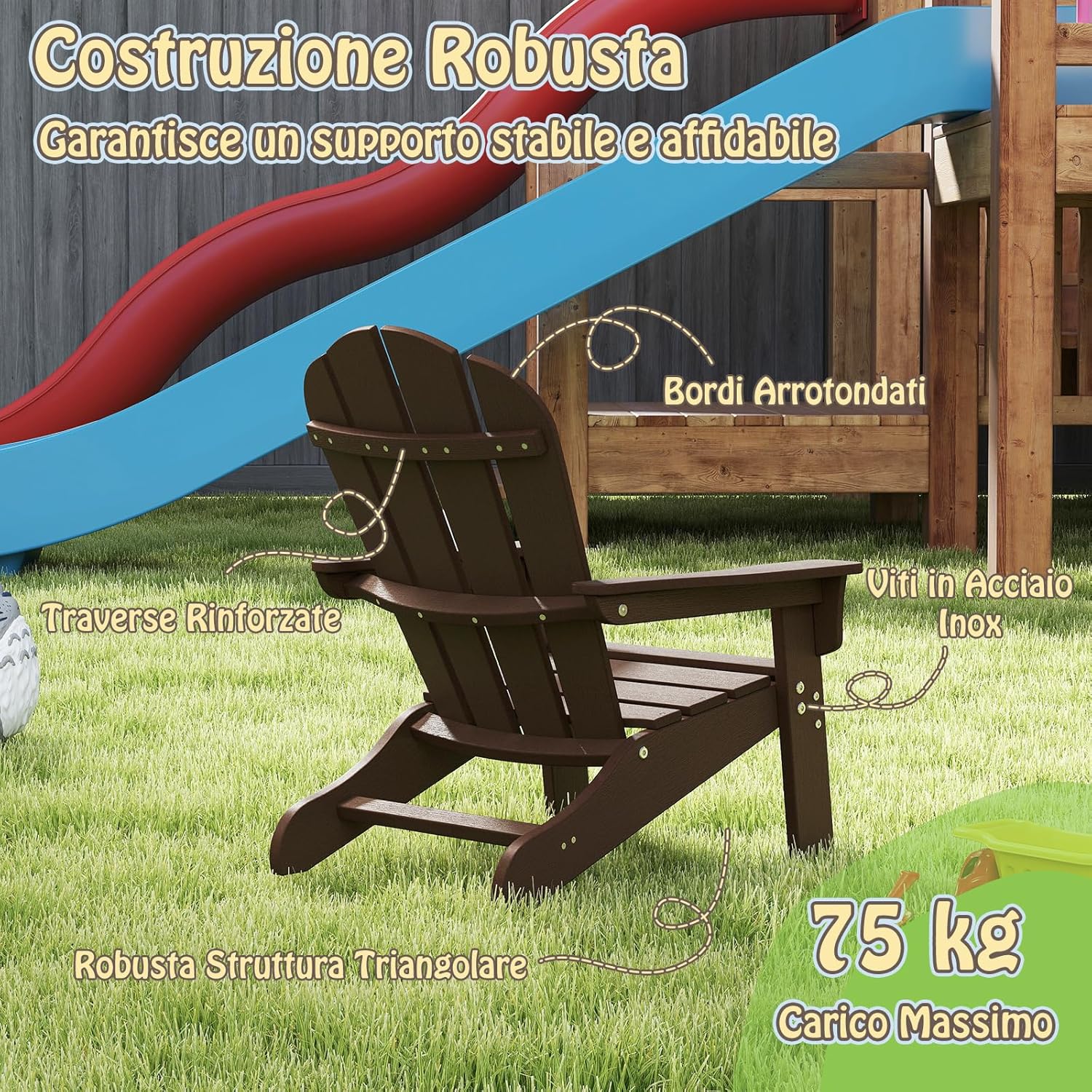 Sedia Adirondack per Bambini da Giardino, Sedie Ergonomica in HDPE con Schienale Inclinato e Braccioli, Poltrona per Interno ed Esterno, per Bambini 3 a 8 Anni, 52 x 53,5 x 64 cm (Marrone)