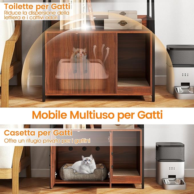 Mobile Lettiera per Gatti 80 x 40 x 132 cm, Credenza Soggiorno con Ripiani di Stoccaggio, Tiragraffi per Gatti, 2 Prese AC e Cuccia, Armadio Salvaspazio per Cuccia e Ingresso (Noce)