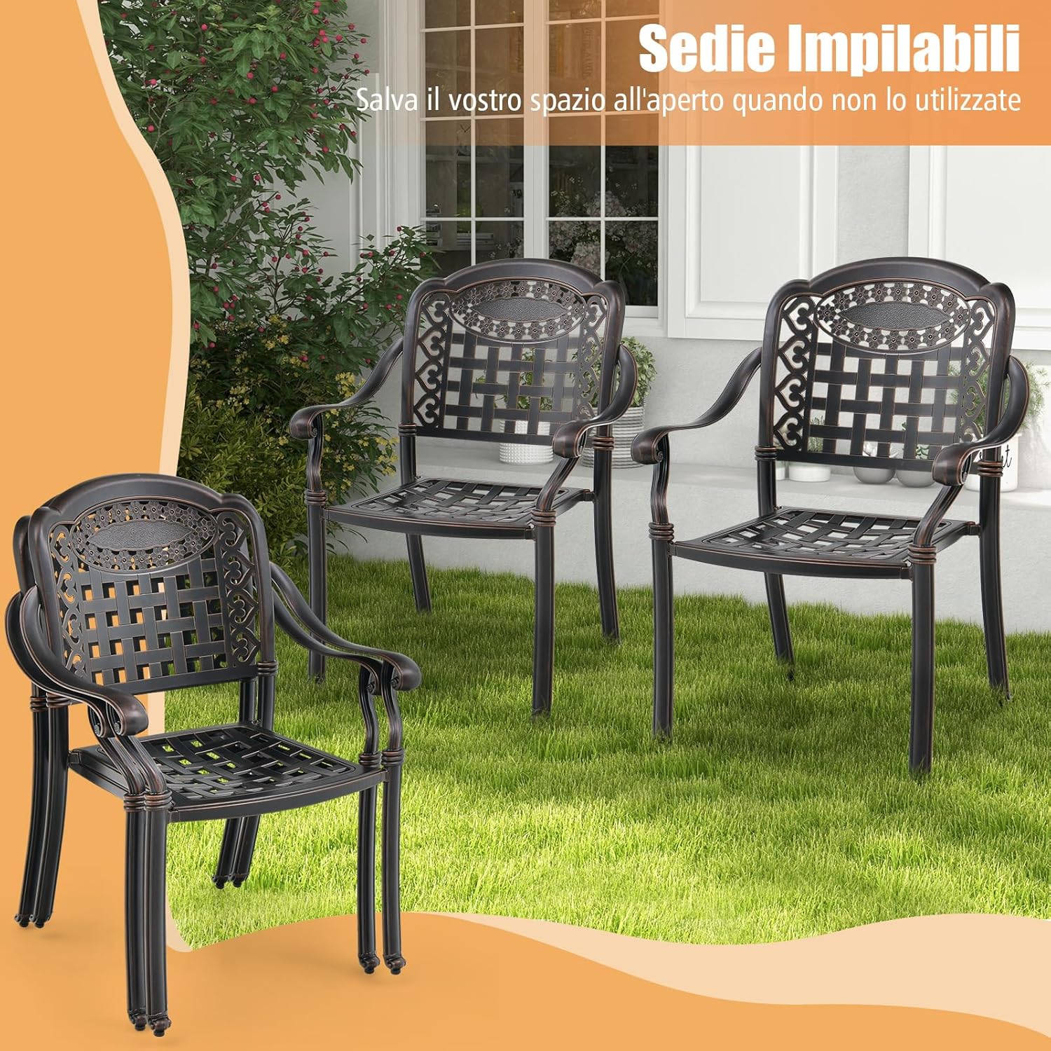 Set di 2 Sedie da Esterno in Alluminio Pressofuso, Sedie da Pranzo Impilabili con Braccioli, Sedie da Esterno in Alluminio Pressofuso per Balcone, Cortile, Giardino (Bronzo)