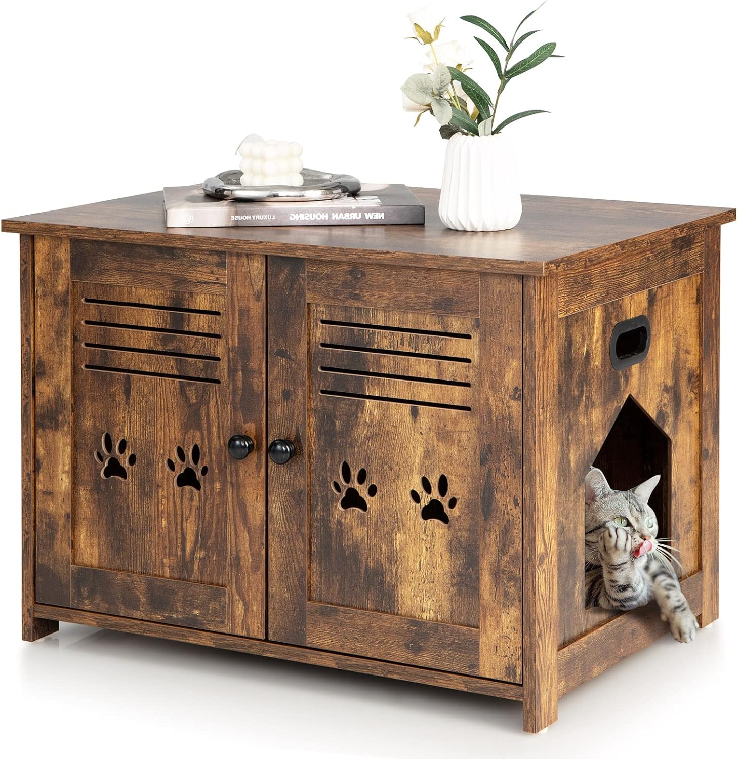 Mobile per Lettiera Gatti, con Doppie Porte a Feritoia, Ingresso Laterale, Cuccia e Toilette, Mobiletto Multiuso per Ingresso e Soggiorno, Portata 50 kg, 70 x 52 x 51 cm