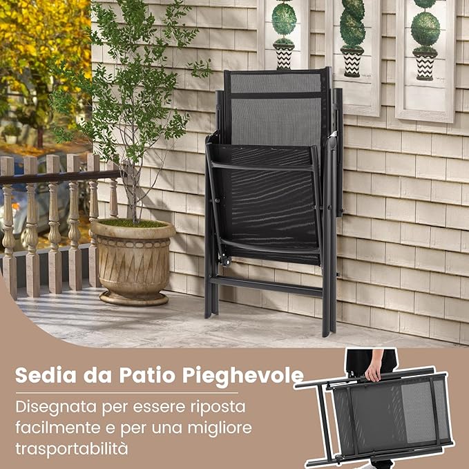 Sedia da Giardino Pieghevole, Sedia Pieghevole in Tessuto Texlilene, Sedie Reclinabili con Schienale Regolabile a 7 Livelli, Nessun Montaggio, Portata 180 kg (Nero,2)