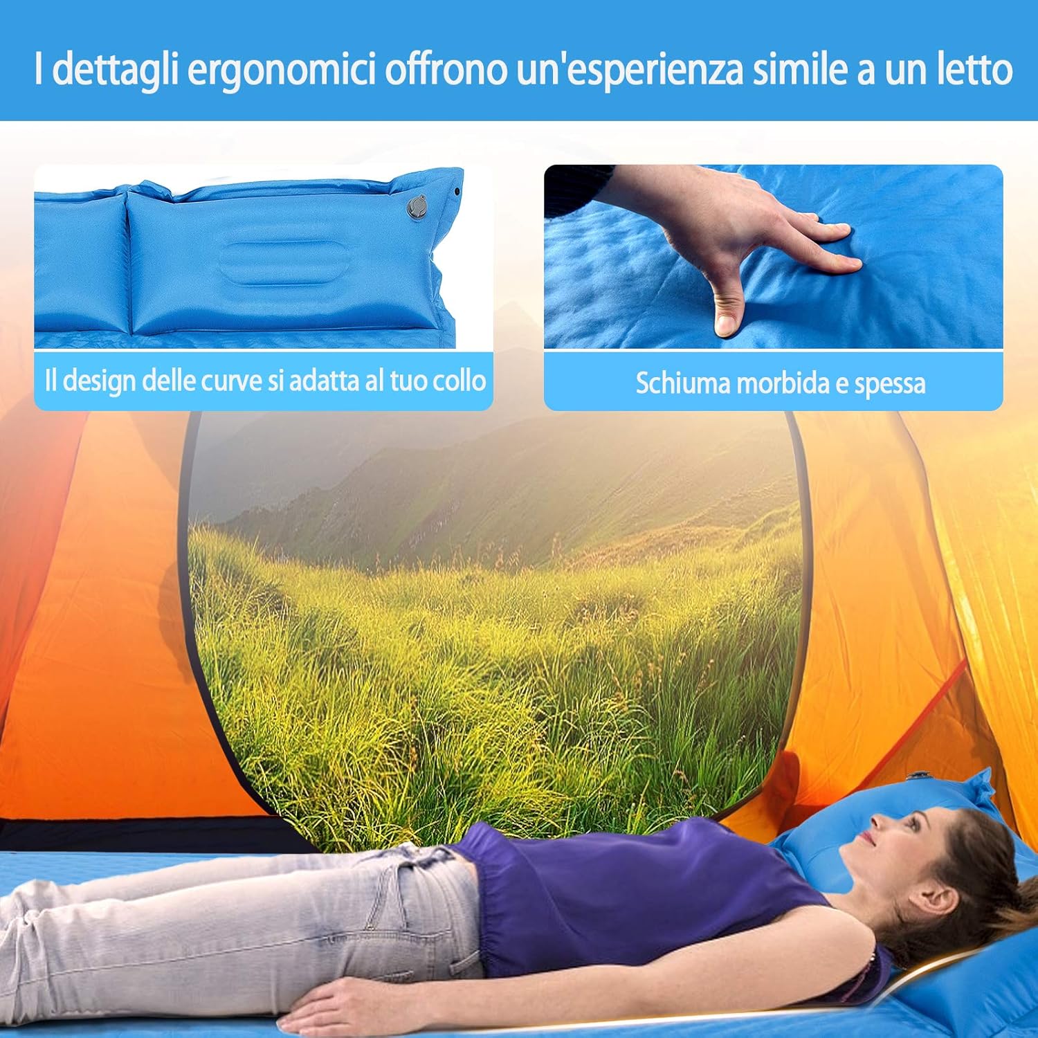 Materassino Campeggio Autogonfiabile per 2 Persone, Materassino da Campeggio Doppio con Cuscino, Veloce da Gonfiare e Sgonfiare, Impermeabile, per Spiaggia, Montagna e Campeggio (Blu)
