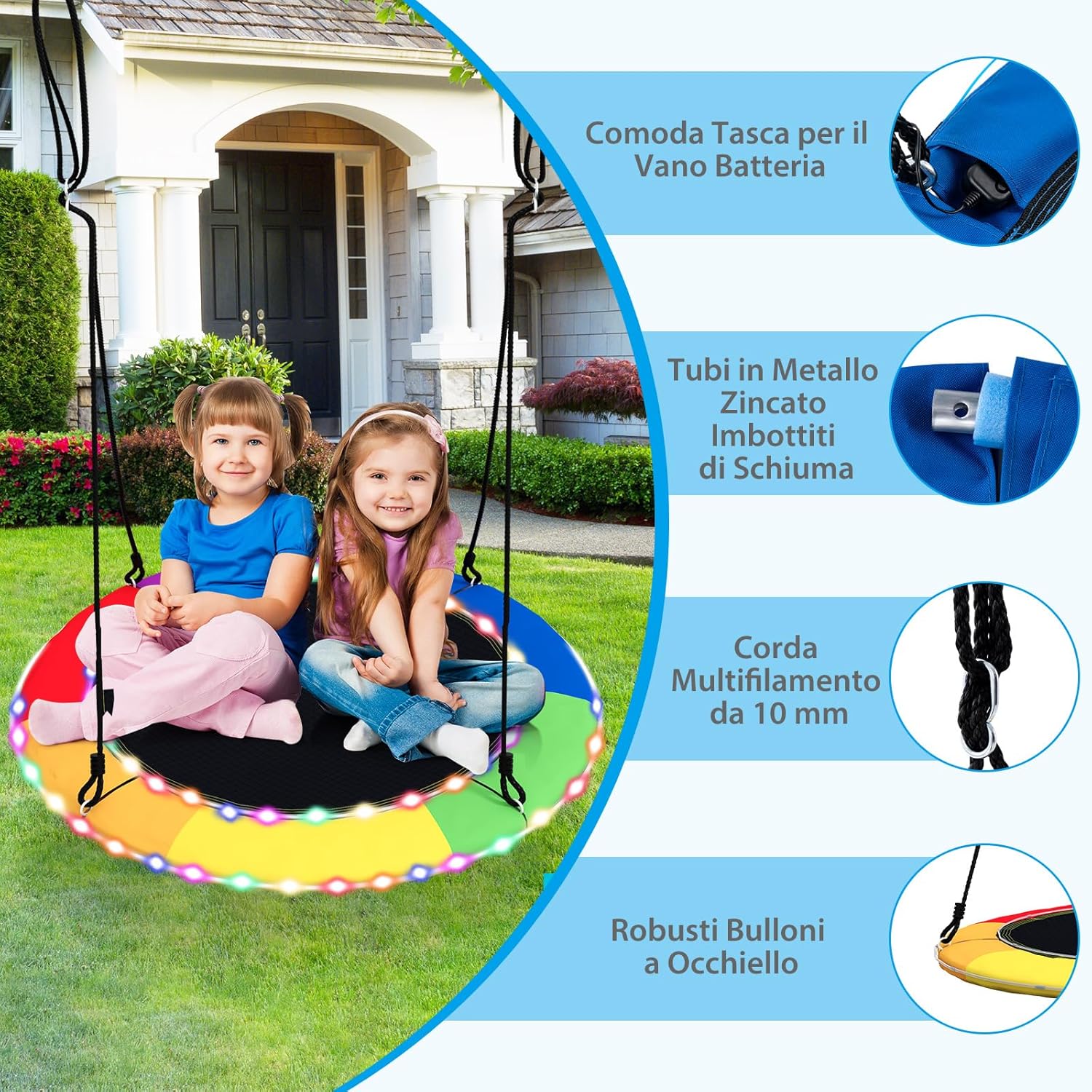 Altalena a Nido 100 cm per Bambini e Adulti, Altalena Rotonda con Luci LED Colorate e 2 Funi Regolabili, Capacità di Carico 300 kg da Giardino Esterno (Colorato)