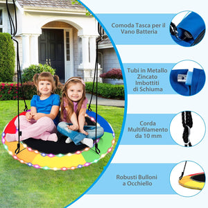 Altalena a Nido 100 cm per Bambini e Adulti, Altalena Rotonda con Luci LED Colorate e 2 Funi Regolabili, Capacità di Carico 300 kg da Giardino Esterno (Colorato)