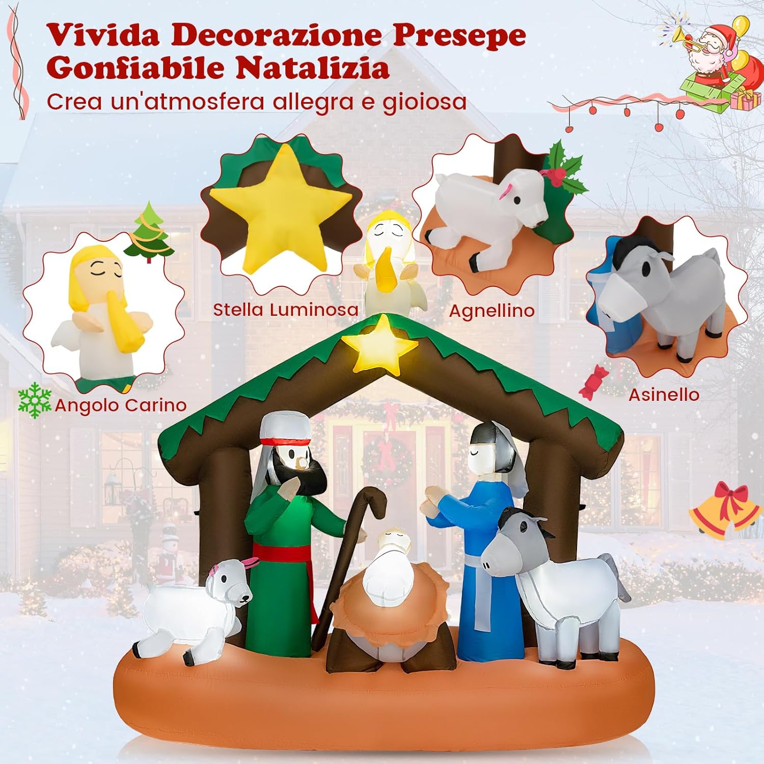 Presepe di Natale Gonfiabile da 180 cm, Decorazione Natalizia Gonfiabile Scena della Natività, con Luci LED Incorporate, per Interni e Esterni