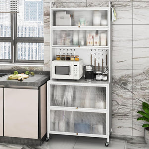 Armadio cucina 6 livelli buffet credenza, Porte ribalta supporto microonde pannello forato ganci Bianco-Credenze buffet