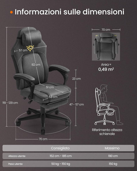 Sedia da Gaming Ergonomica per Computer Con Poggiapiedi e Poggiatesta, Cotone-Lino, Altezza Regolabile, Grigio Tortora OBG072G01