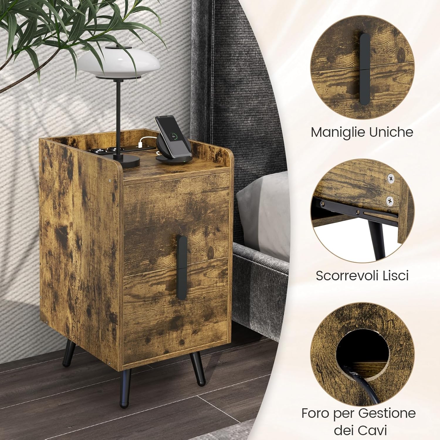 Comodino con Stazione di Ricarica, Comodino con 2 Cassetti, 2 Porte USB e 3 Prese, Tavolino Leterale con Gambe in Metallo, Portata Tolate 20 kg, 32 x 40 x 60 cm (2, Caffè)