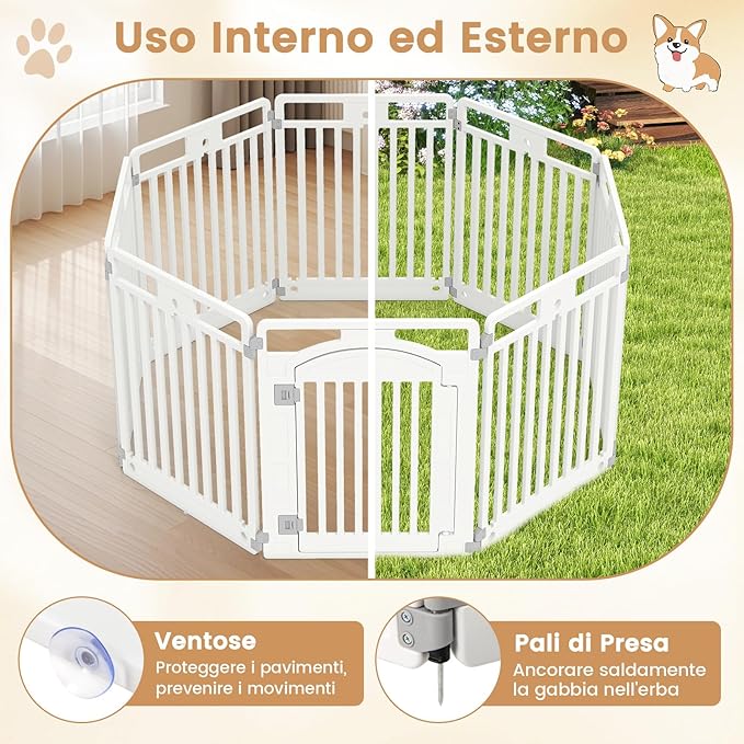 Pannello in Plastica per Cani a 8 Pannelli, Recinzione Portatile per Animali Domestici, Cancello Pieghevole con Porta di Sicurezza con Serratura per Cani, Recinto Pieghevole, 192 x 65 x 80 cm