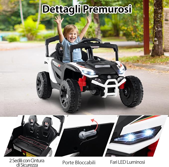 12V Macchina Elettrcia per Bambini, UTV Auto Elettrica con Telecomando, 3 Velocità, Luci LED, Musica, Clacson e Sospensioni a Molla, 3-5 km/h, Ideale per Bambini 3 Anni+ (Bianco)