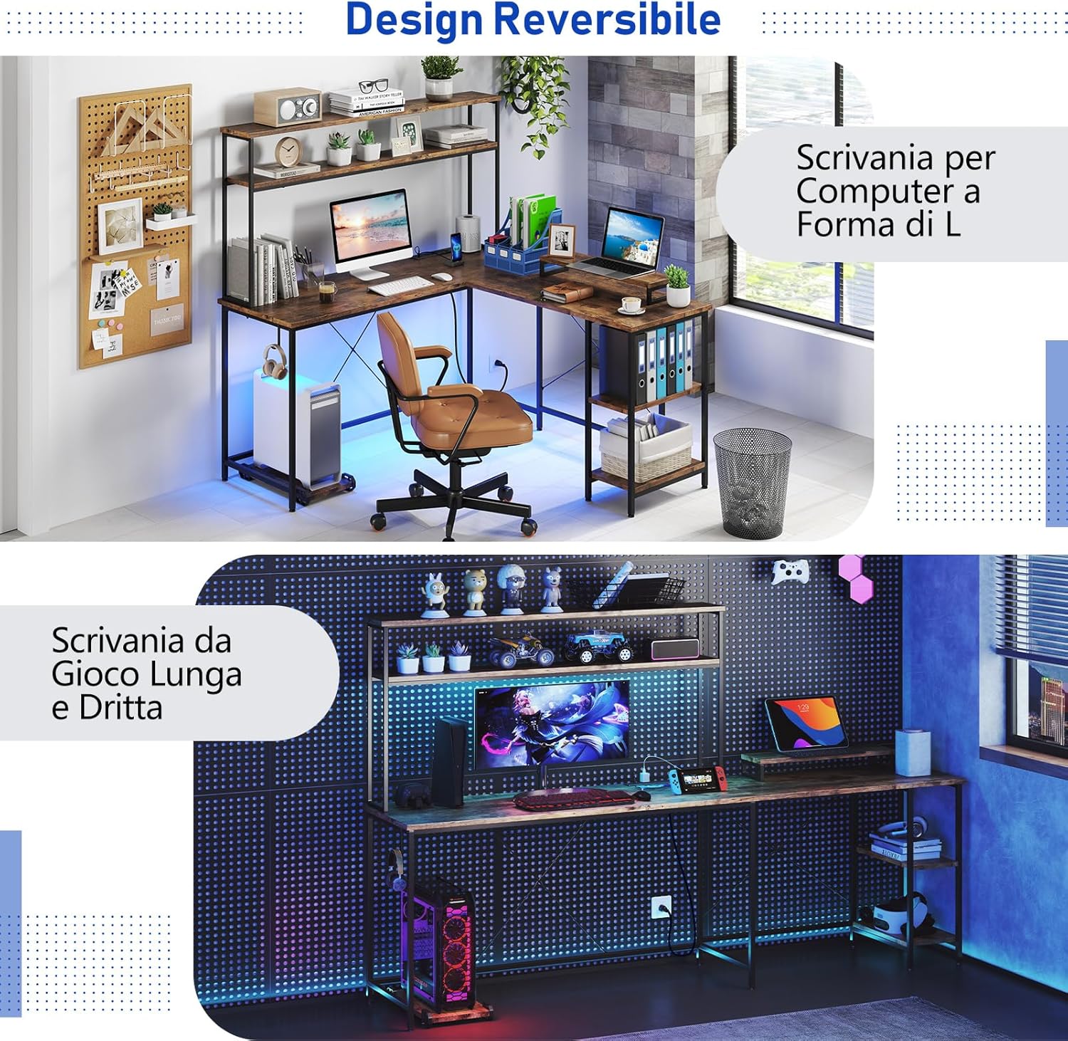 Scrivania per Computer a Forma di L, Tavolo da Gioco con Scaffale Regolabile, Gancio, Supporto per CPU, Striscia LED, Telecomando e Prese di Corrente, Desk per Studiare e Lavorare (Marrone)
