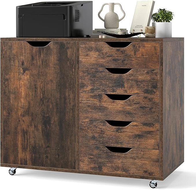Mobiletto con 5 Cassetti e Anta, Cassettiera per Documenti con 5 Ruote e Ripiano Regolabile, per Soggiorno, Ufficio e Cucina, 79 x 40 x 65 cm (Marrone)