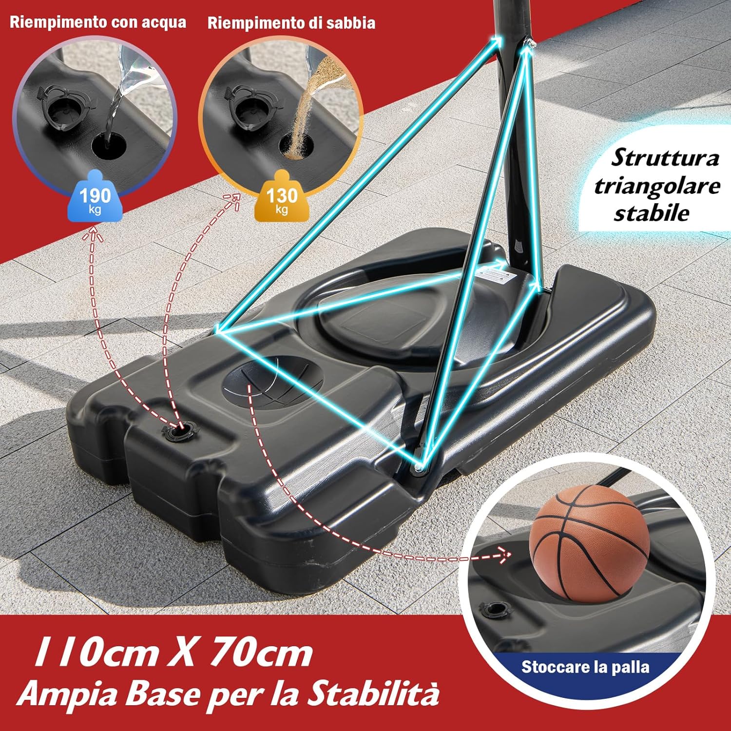 Canestro da Basket da Esterno ed Interno per Adulti, Canestro da Basket Professionale e Regolabile 230-305 cm con Ruote, Tabellone Antiurto da 110 cm e Contenitore per Palloni