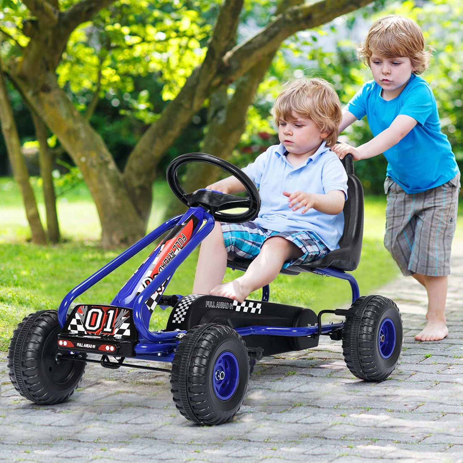 Go Kart a Pedali per Bambini, Go Kart Veicolo con Sedile Regolabile e Freno a Mano, per Bambini 3-6 Anni, Portata Massima 30 kg (Blu)