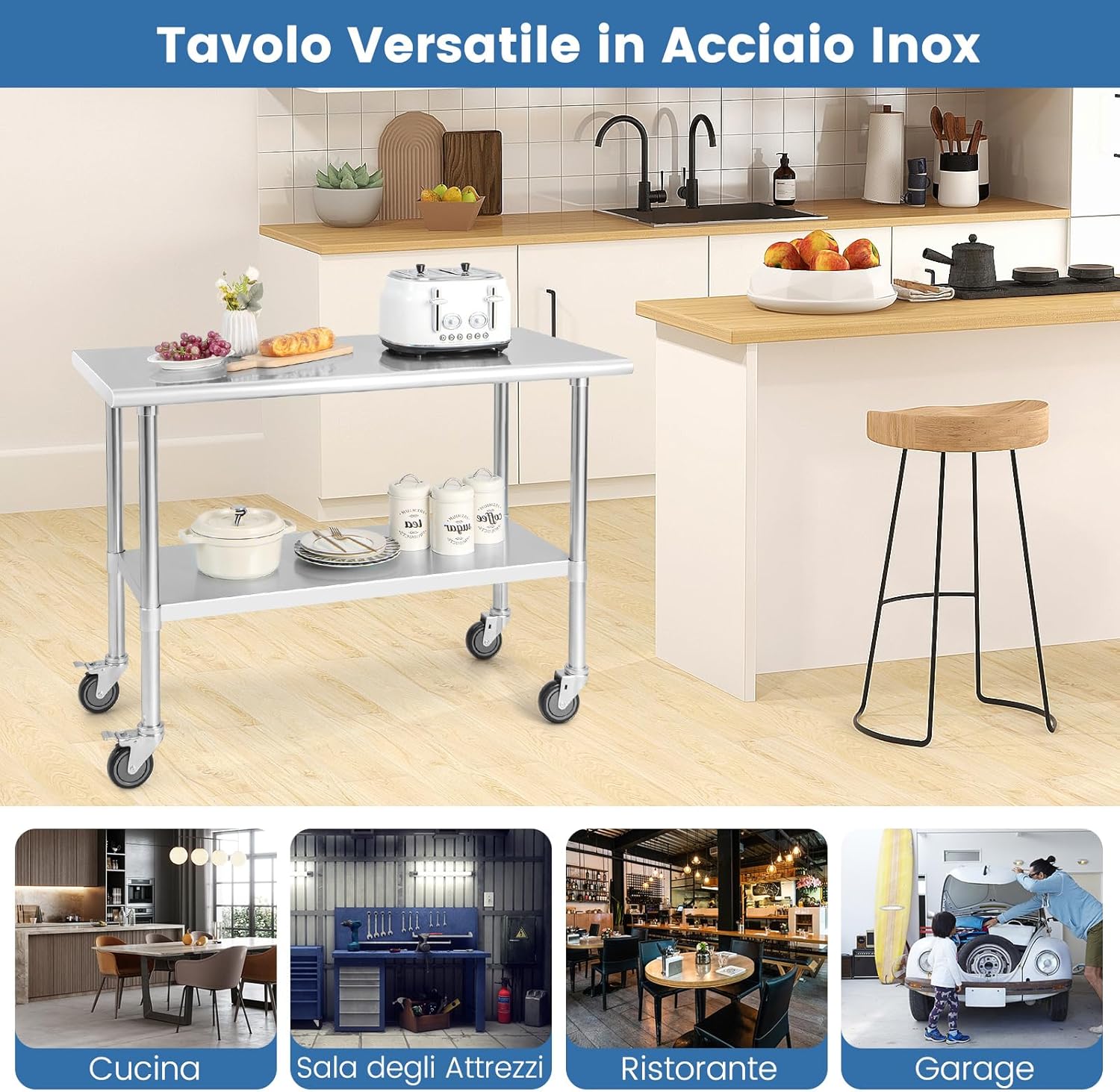Tavolo da Lavoro in Acciaio Inox, con 4 Ruote Bloccabili Gambe Zincate e Ripiano Regolabile, Tavolo Multiuso per Cucina Ristorante e Lavanderia, 122 x 61 cm, Argento
