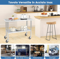Tavolo da Lavoro in Acciaio Inox, con 4 Ruote Bloccabili Gambe Zincate e Ripiano Regolabile, Tavolo Multiuso per Cucina Ristorante e Lavanderia, 122 x 61 cm, Argento