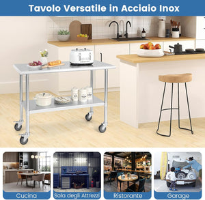 Tavolo da Lavoro in Acciaio Inox, con 4 Ruote Bloccabili Gambe Zincate e Ripiano Regolabile, Tavolo Multiuso per Cucina Ristorante e Lavanderia, 122 x 61 cm, Argento